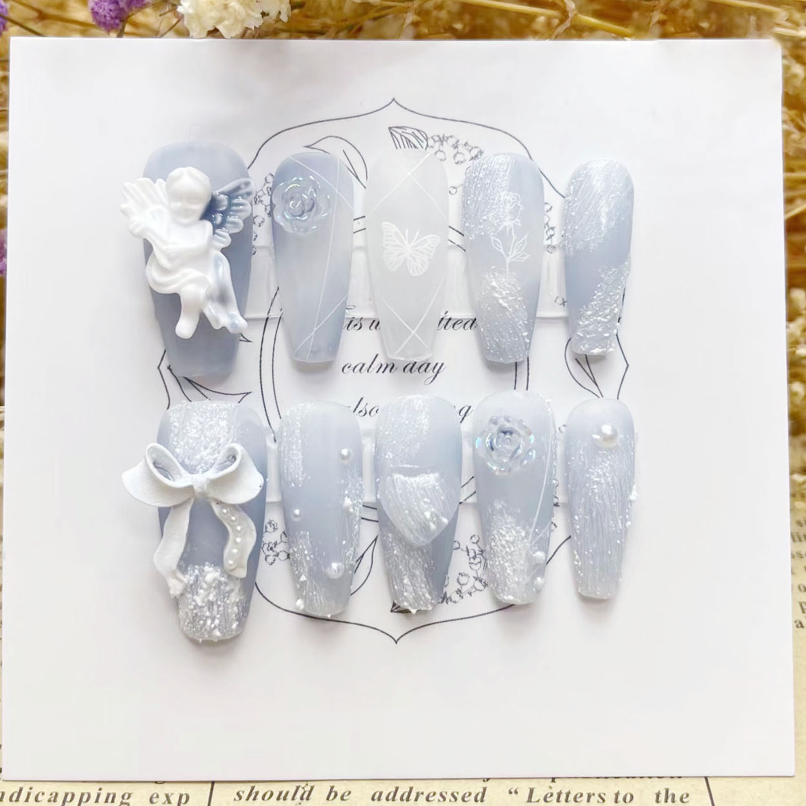 Pressed Flower Art - 3D พลาสเตอร์ Angel เล็บปลอม Glossy Haze