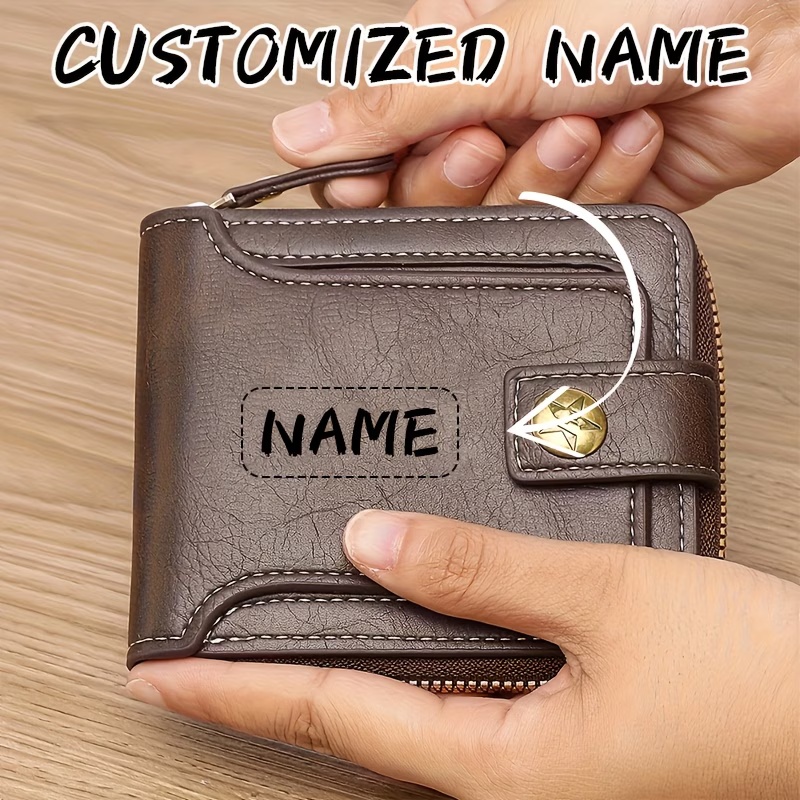Personalized Name Box - กระเป๋าสตางค์ PU สำหรับผู้ชายแบบกำหนดชื่อได้, กระเป๋าใส่บัตรแบบซิปเนื้อโลหะขนาดกะทัดรัดพร้อมช่องใส่เหรียญ, ของขวัญส่วนตัว, เครื่องประดับแฟชั่นสำหรับใช้ในชีวิตประจำวัน