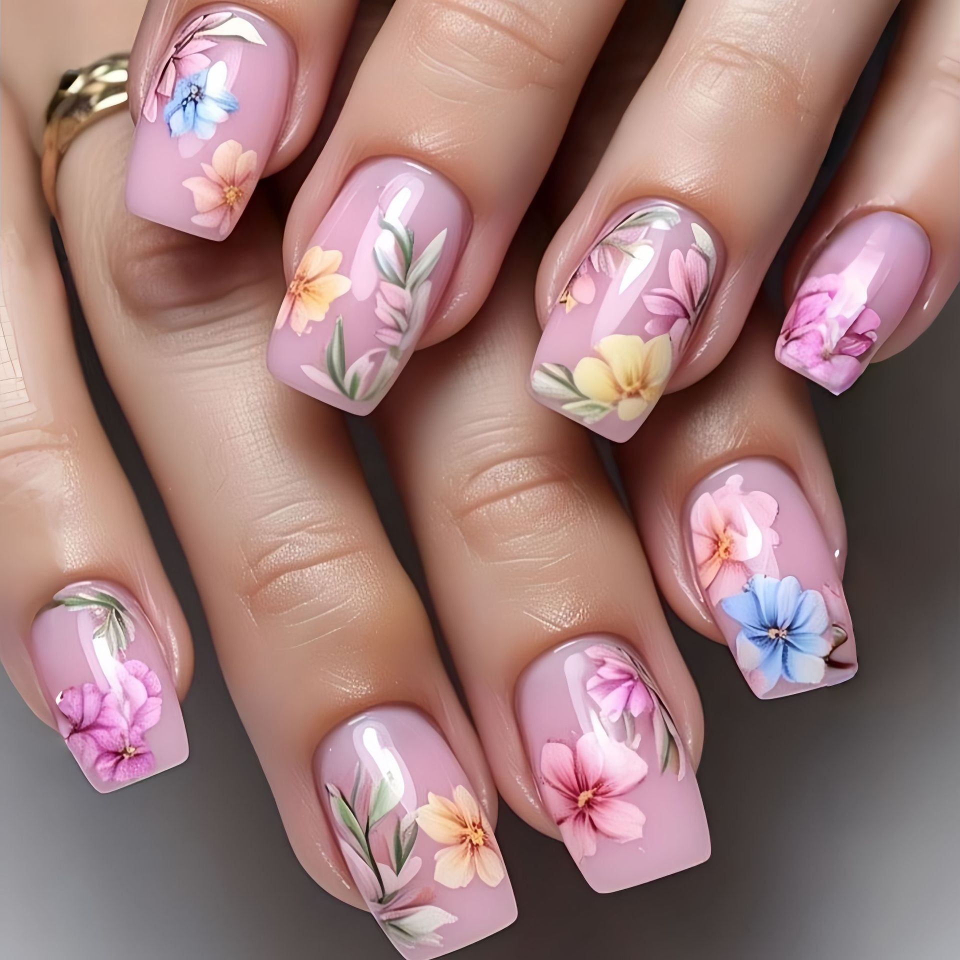 Pressed Flower Art - เล็บปลอมขนาดกลางสำหรับผู้หญิงและเด็กผู้หญิง ลายดอกไม้สีชมพูและผีเสื้อ สำหรับฤดูใบไม้ผลิและฤดูร้อน ปลายเล็บทรงเหลี่ยมแบบกดติด