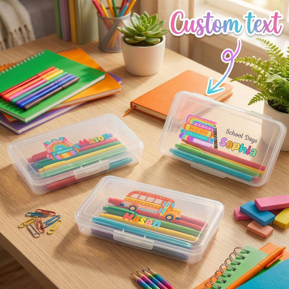 Personalized Name Box - กล่องดินสอสั่งทำพิเศษ กล่องเครื่องเขียนสำหรับโรงเรียน ทำจากพลาสติกใส ลายสีรุ้ง สามารถใส่ชื่อได้